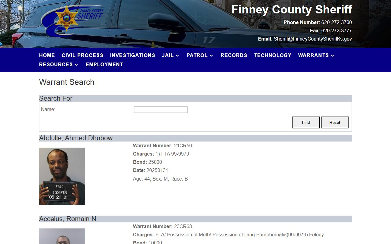 Finney County warrant records after jail arrest search page