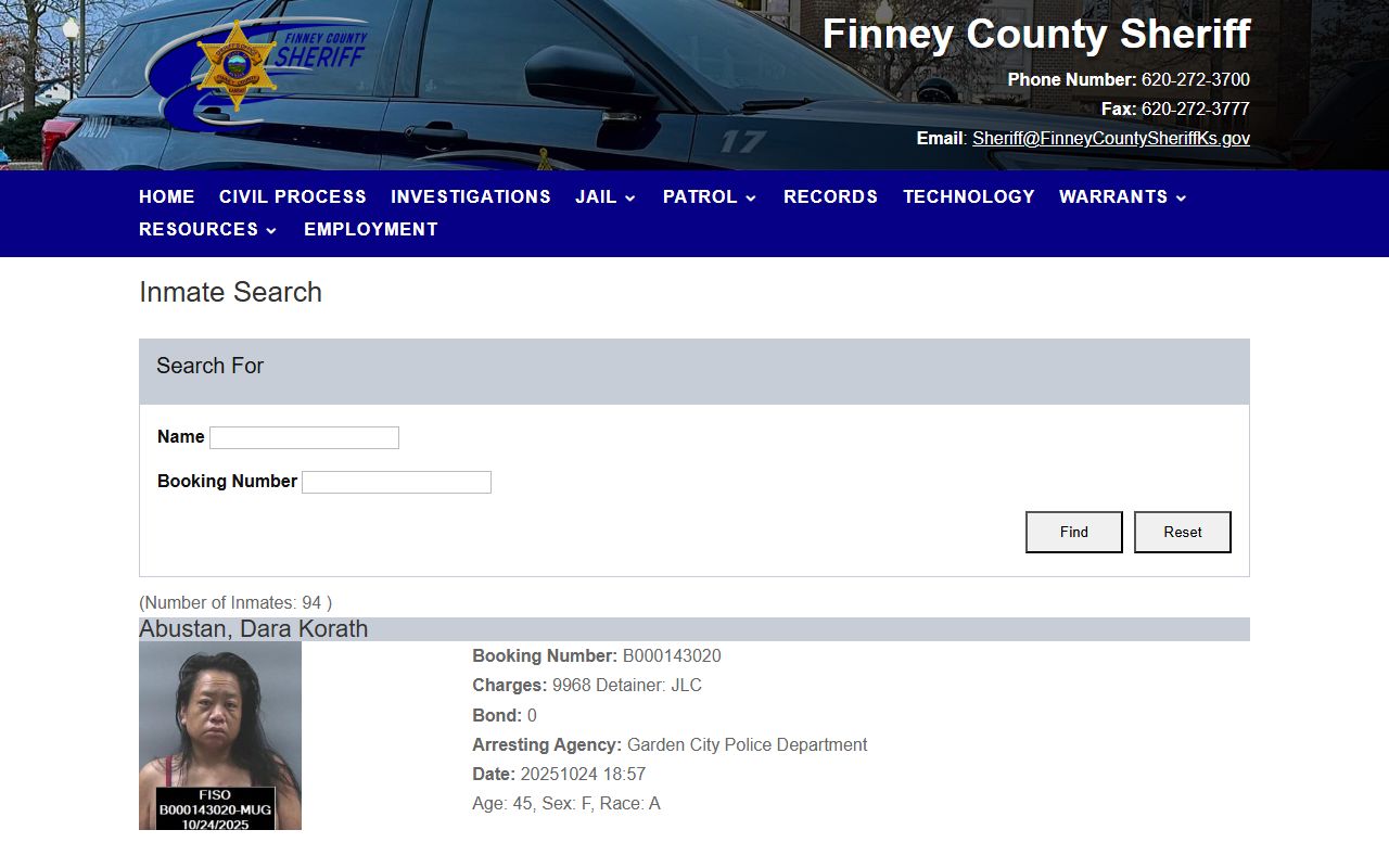 Finney County inmate roster search fields and jail record results