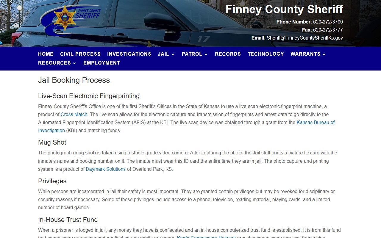 Finney County inmate records booking trust fund and commissary information