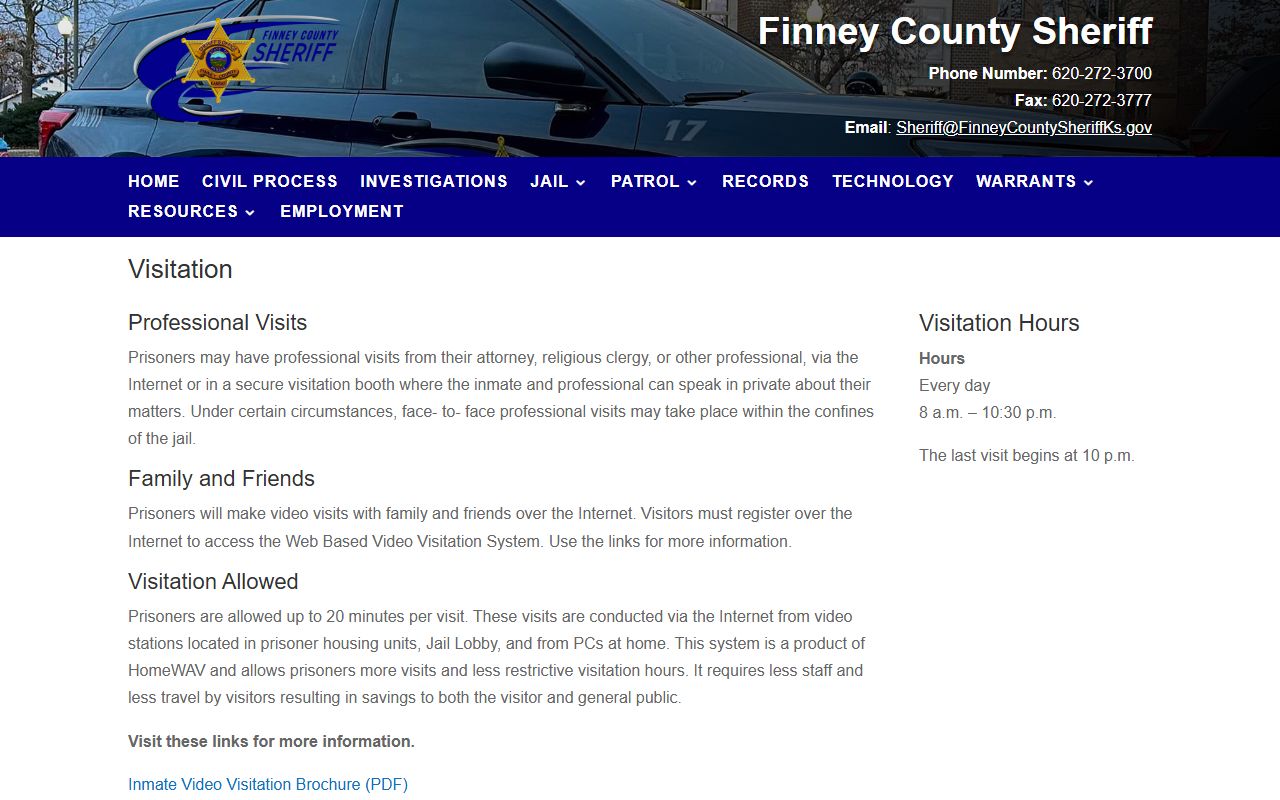 Finney County inmate records visitation and HomeWAV schedule