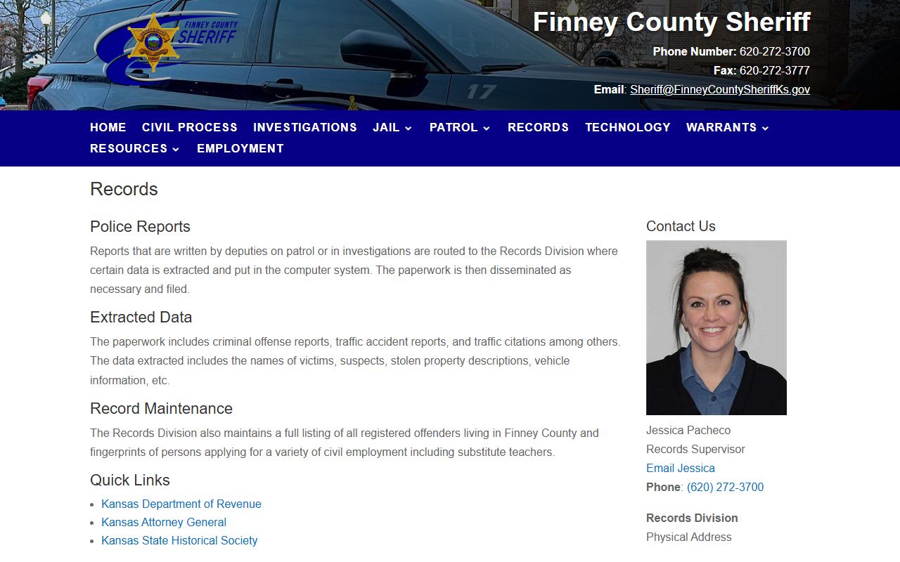 Finney County booking photo records request contact page