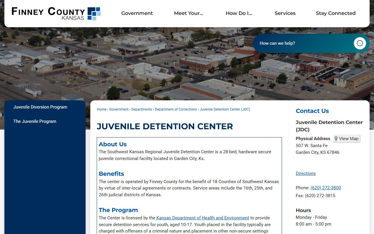 Finney County page for Southwest Kansas Regional Juvenile Detention Center